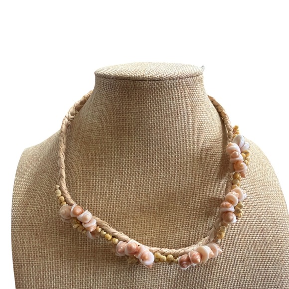 Jewelry - Handmade Seashell Choker Necklace Braided Raffia Pink White Shells Boho Coastal